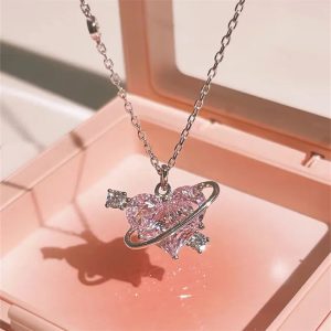 Y2K Pink Planet Heart Zircon Pendant Necklace